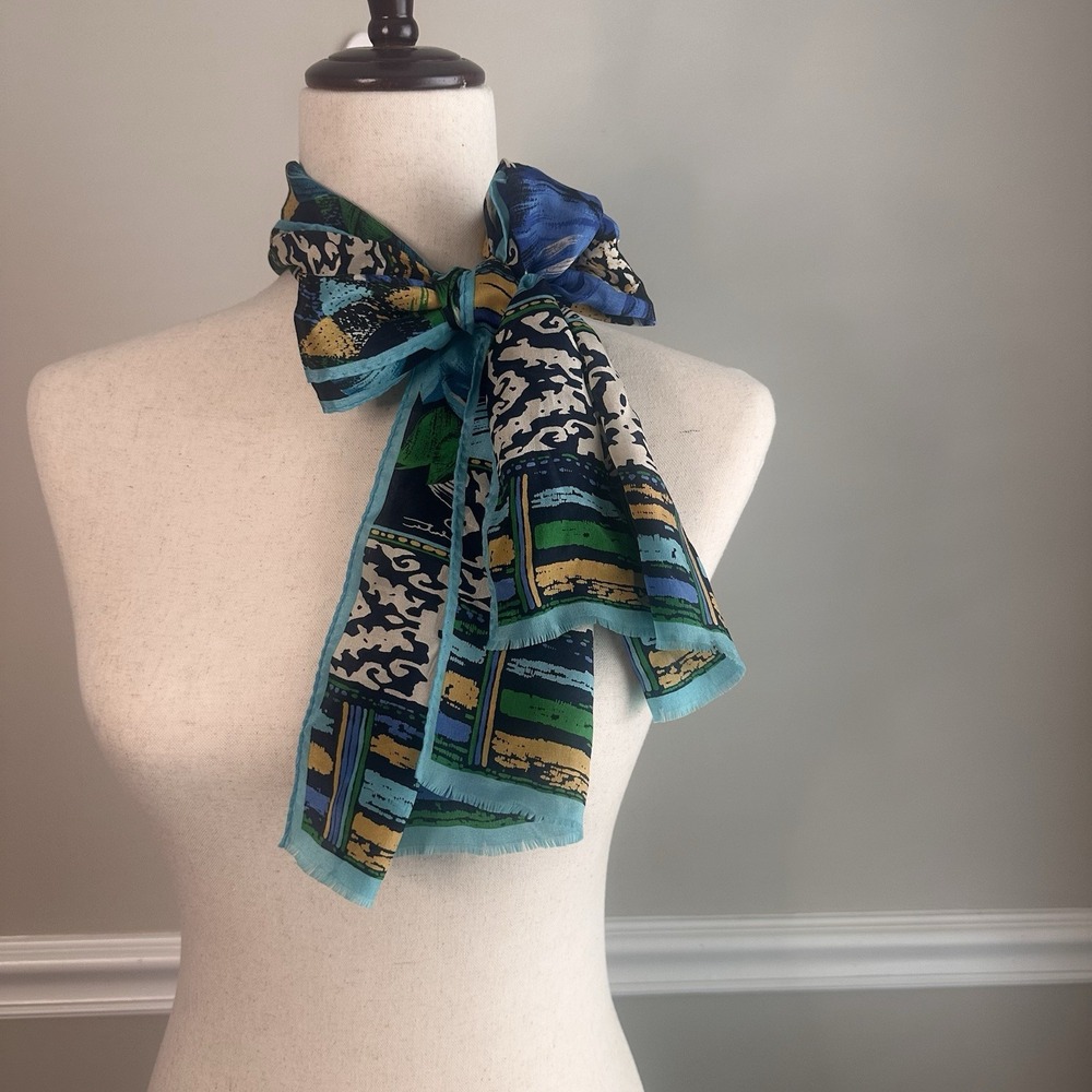 Vintage Oscar De La Renta 100% Silk Blue Floral Scarf Tie Geometric 54 X 11"